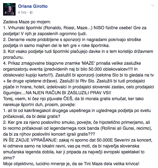 Oriana Girotto je zapisala, da je to le njeno osebno mnenje. Foto: facebook printscreen